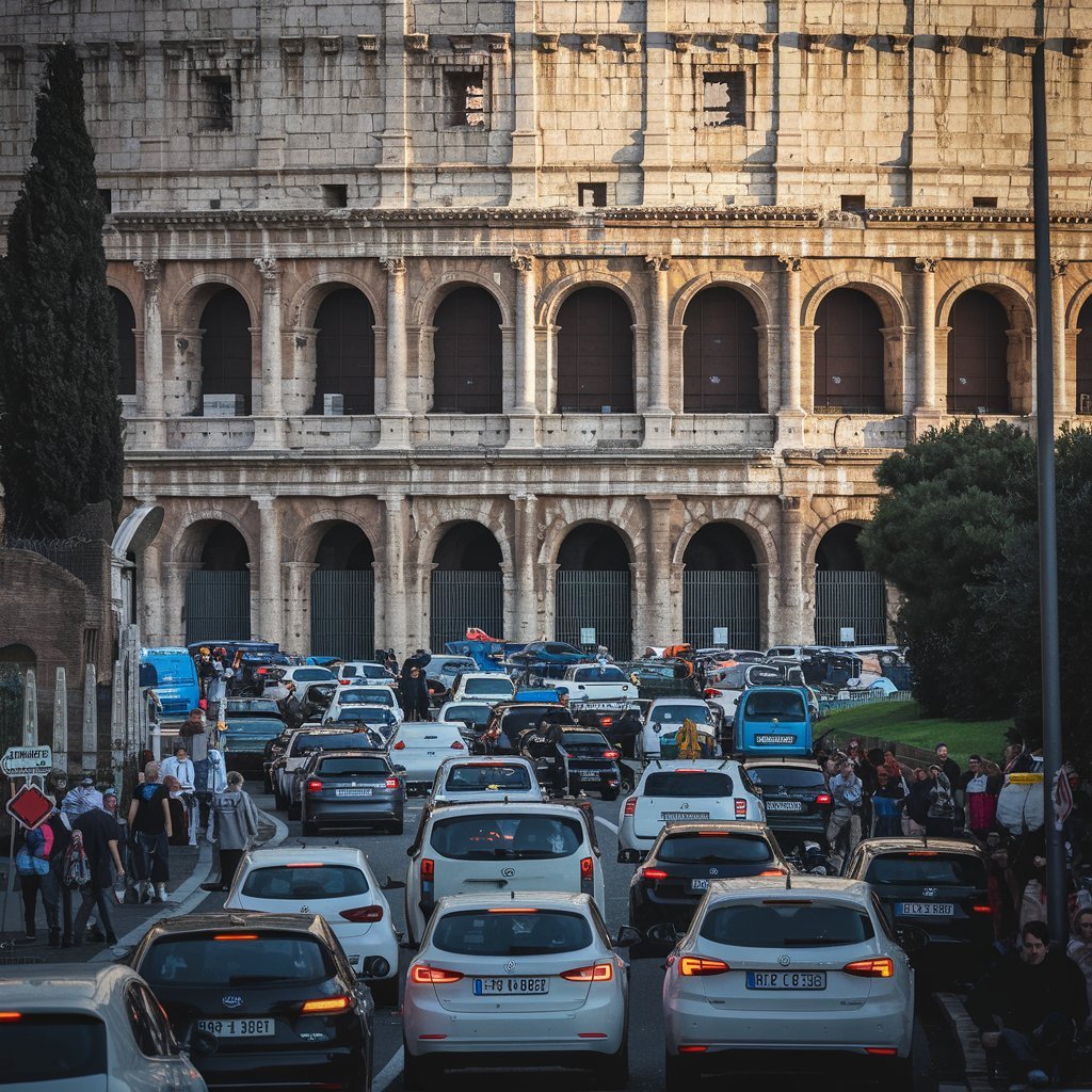 crowded-street-with-cars-next to the CoilseÌe de Rome